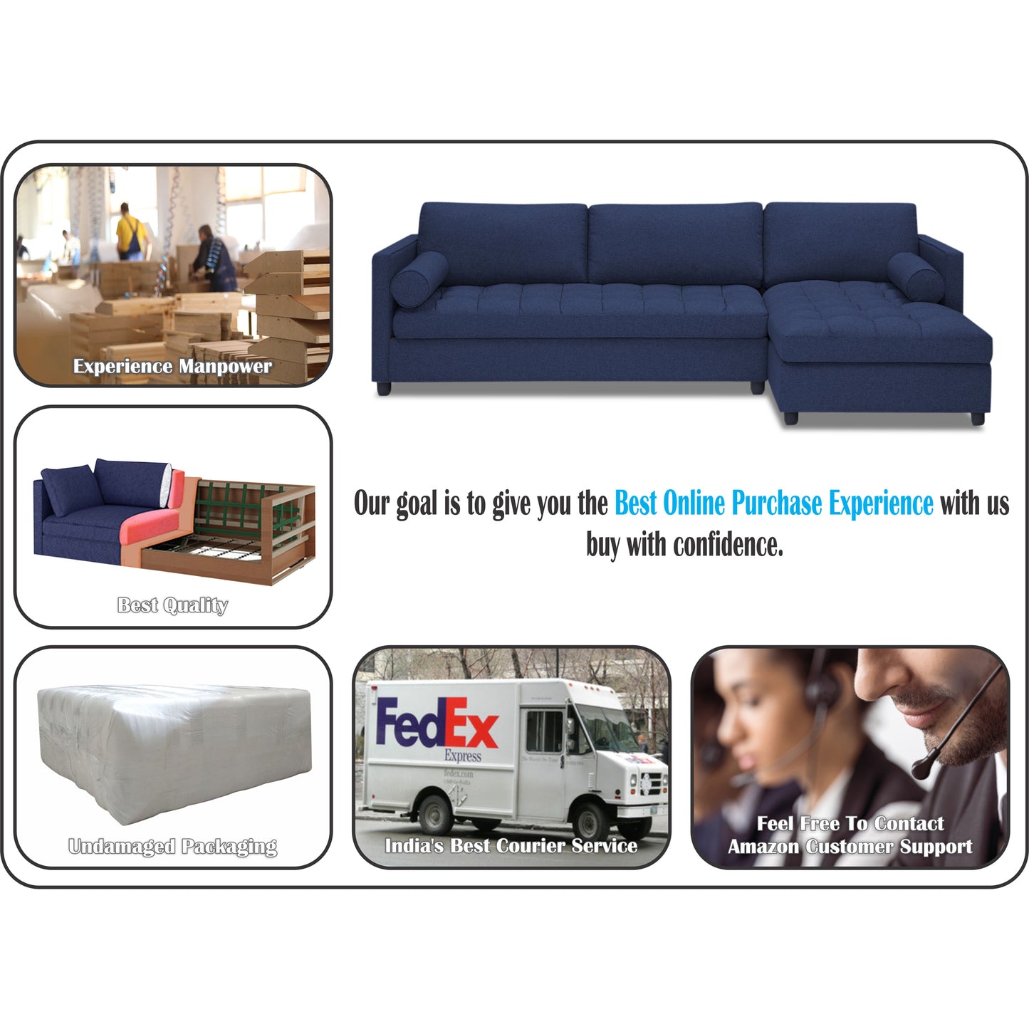 Adorn India Alexander L Shape 7 Seater Sofa Set with Ottoman Puffy RHS (Dark Blue) (3 Year Warranty)