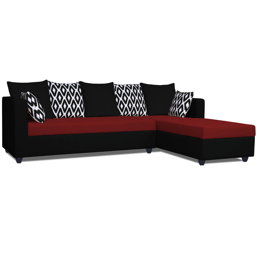 Adorn India Zink Straight line L Shape 5 Seater Sofa Rhombus Cushion(Maroon & Black), Wood, Foam