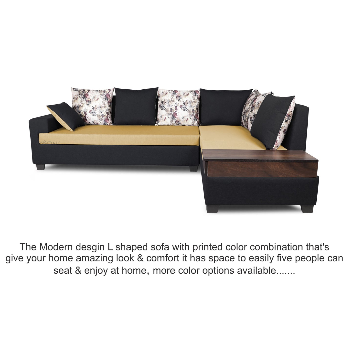 Adorn India Orlando Fabric L Shape 6 seater Sofa  set (Black & Beige)