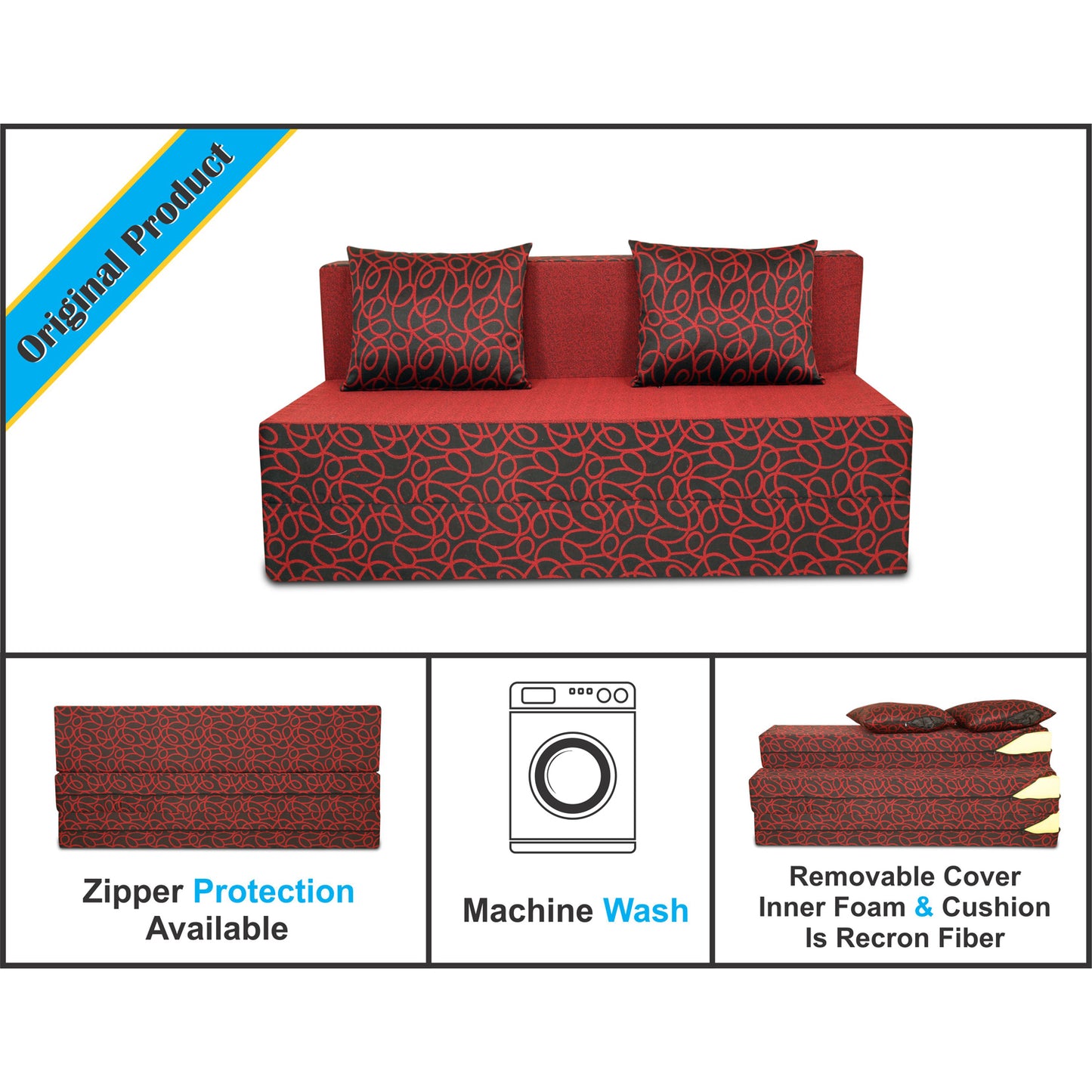 Adorn India Easy 2 Seater Sofa Cum Bed Poly Cotton (Maroon and Black) (4 x 6) (1 Year Warranty)