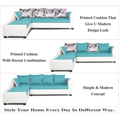 Adorn India Aliana L Shape Leatherette Fabric 6 Seater Sofa Set LHS (Aqua Blue & White) (3 Year Warranty)