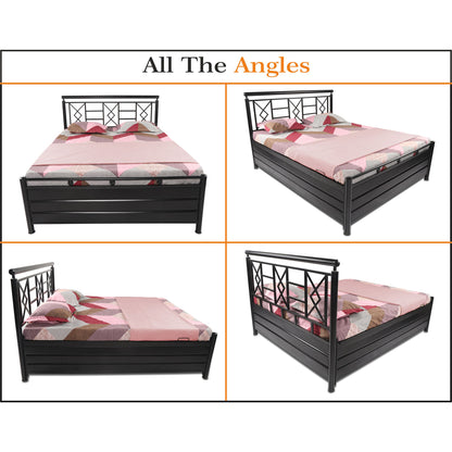 Adorn India Metal Box Spring Queen Bed with Storage-(Matte_Black)