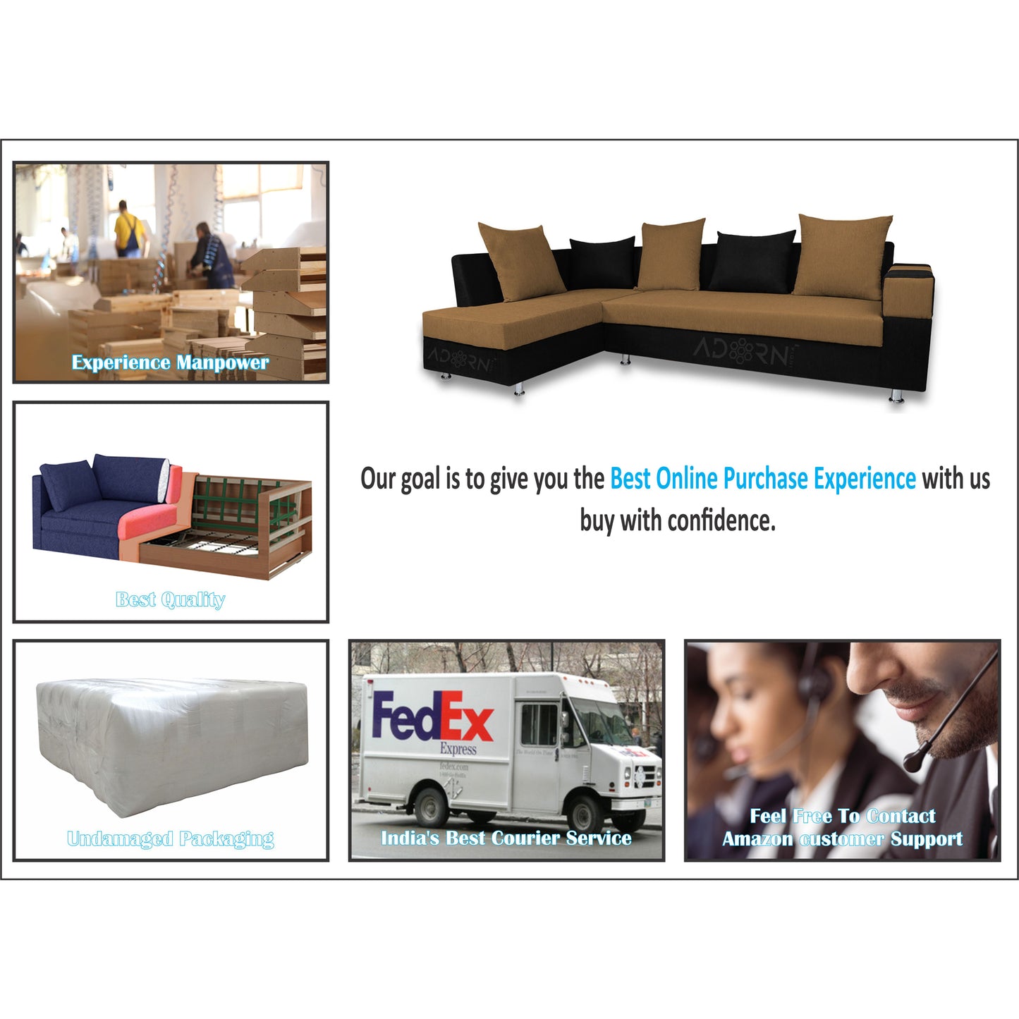 Adorn India Adillac 6 Seater Corner Sofa(Left Side Handle)(Camel & Black)