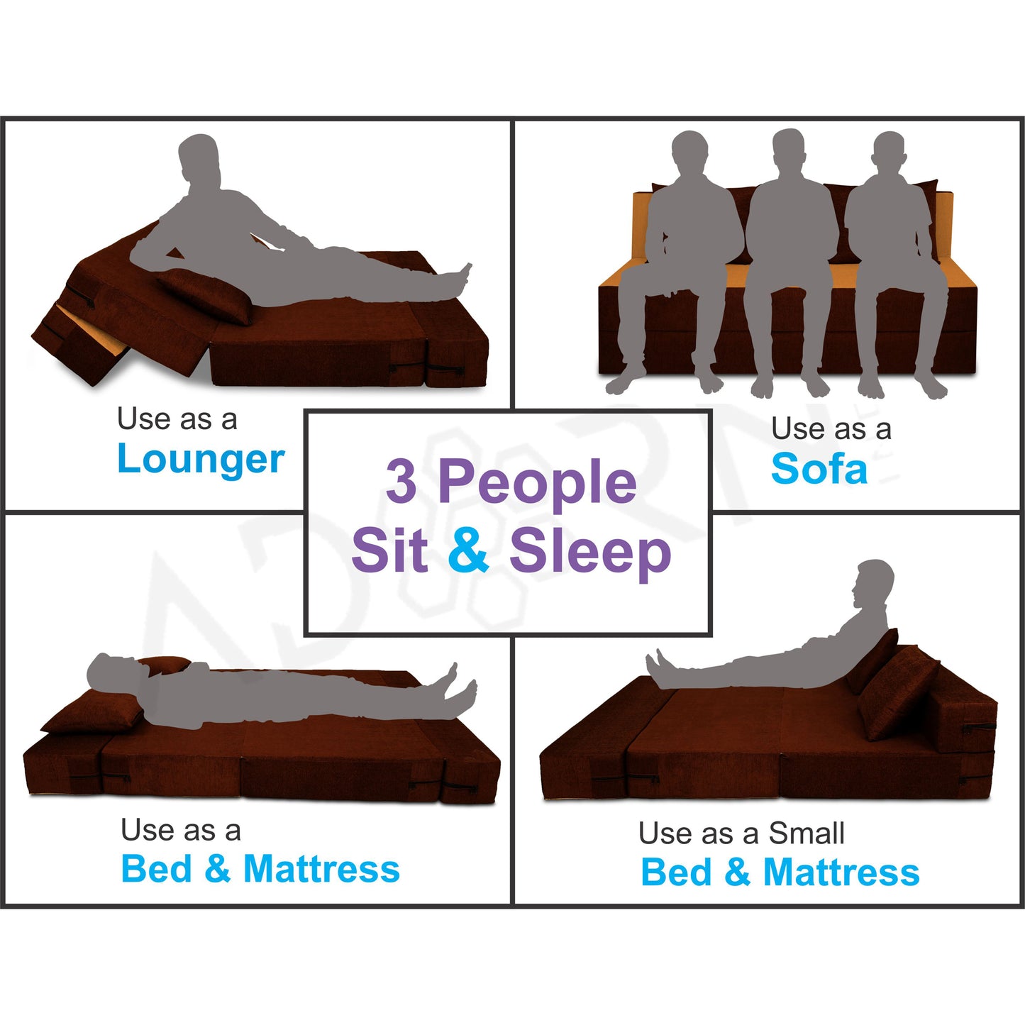 Adorn India Easy 4 Seater Sofa Cum Bed (2 Years Warrenty Quality Foam)-Perfect for Seat & Sleep Washeble Polyster Fabric Cover (Camel & Brown) 6'x6'.Pillows Free (1 Year Warranty)