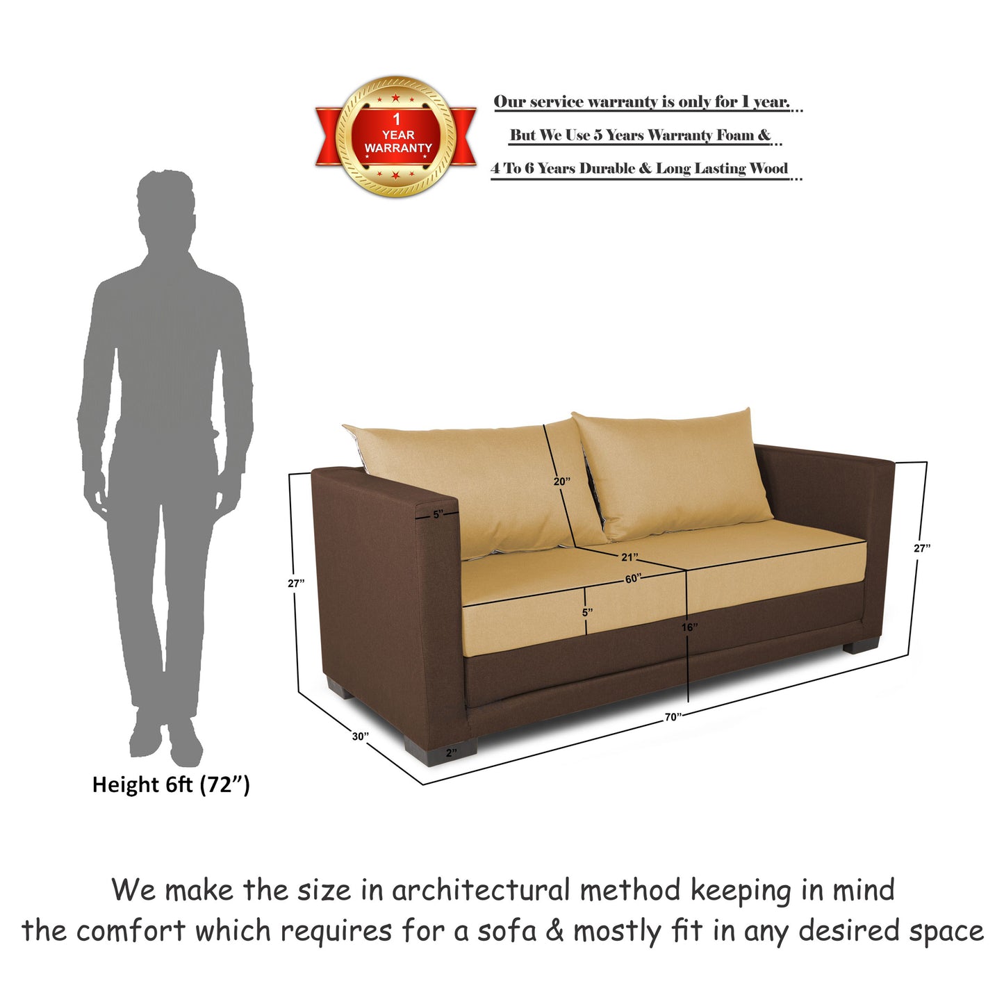 Adorn India Exclusive Two Tone Straight Line Three Seater Sofa Cum Bed (Brown & Beige)