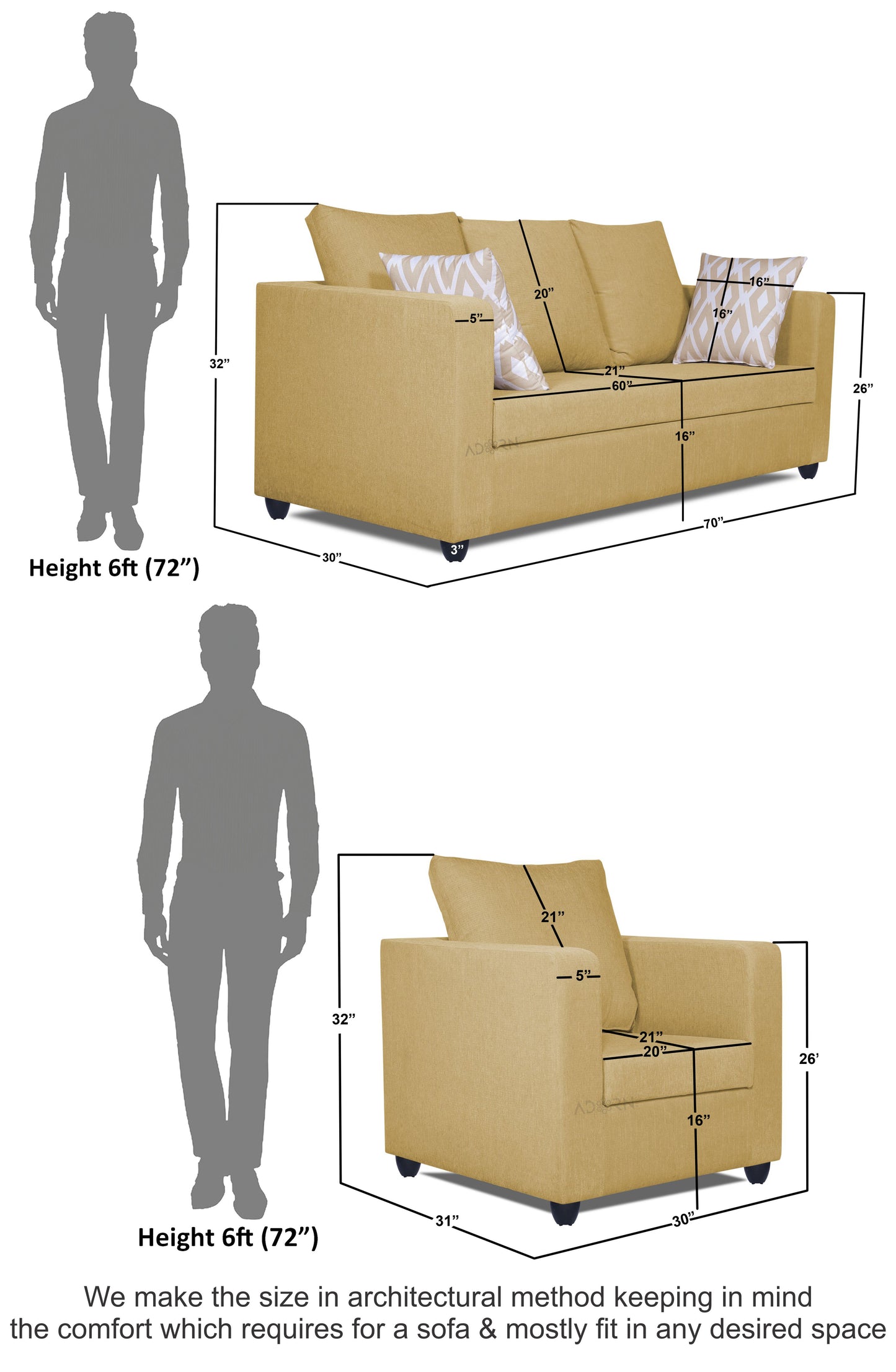 Adorn India Zink Straight Line 3-1-1 5 Seater Sofa Set (Beige)