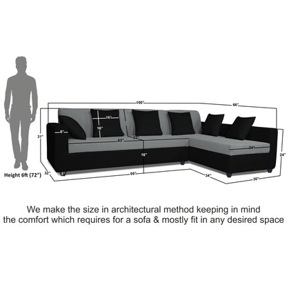 Adorn India Rio Decent L Shape 6 Seater coner Sofa Set (Right Side Handle) (Grey & Black) (3 Year Warranty)