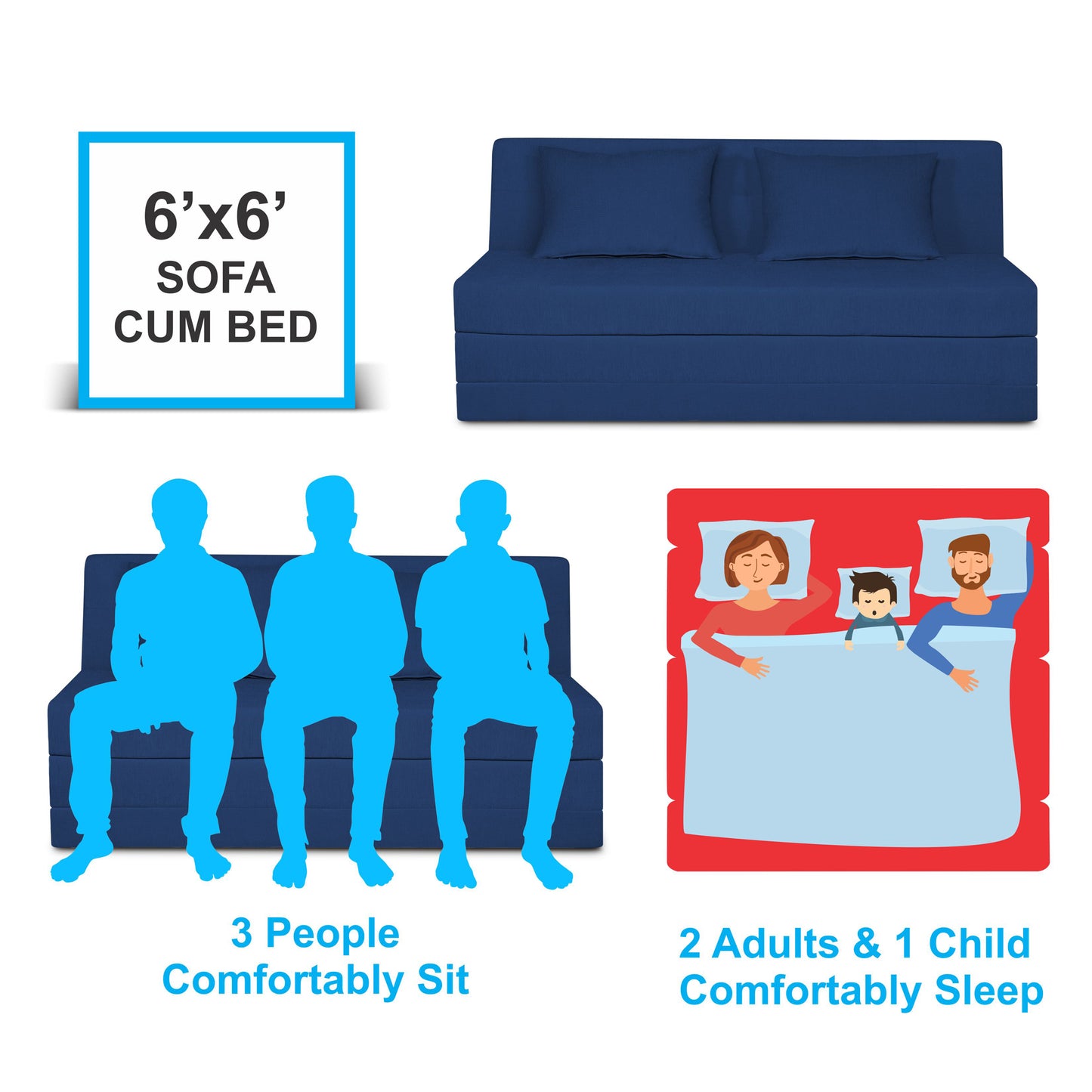Adorn India Easy Highback Three Seater Sofa Cum Bed Decent 6' x 6' (Blue) (1 Year Warranty)