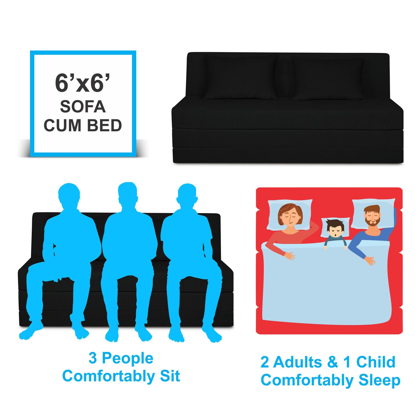 Adorn India Easy Highback Three Seater Sofa Cum Bed Decent 6' x 6' (Black) (1 Year Warranty)