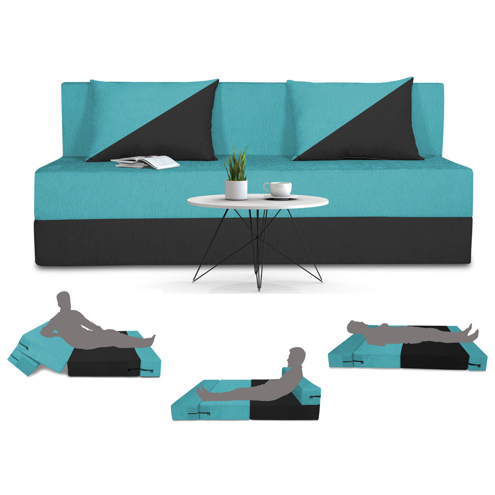 Adorn India Foam Easy Desmond 4 Seater Sofa Cum Bed 6 X 6 (Aqua Blue & Black) (1 Year Warranty)