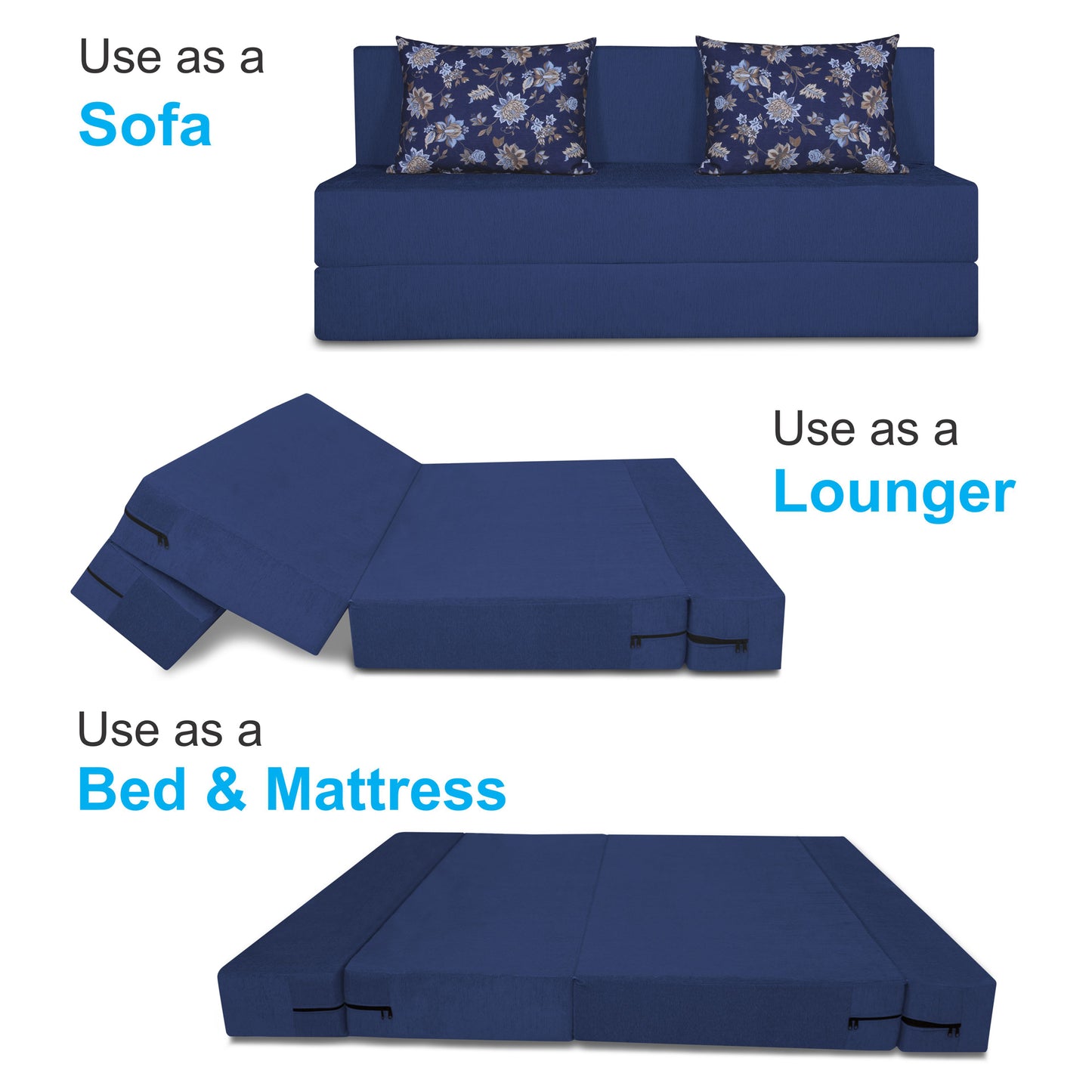 Adorn India Easy Three Seater Sofa Cum Bed Floral '5 x 6' (Blue), Foam