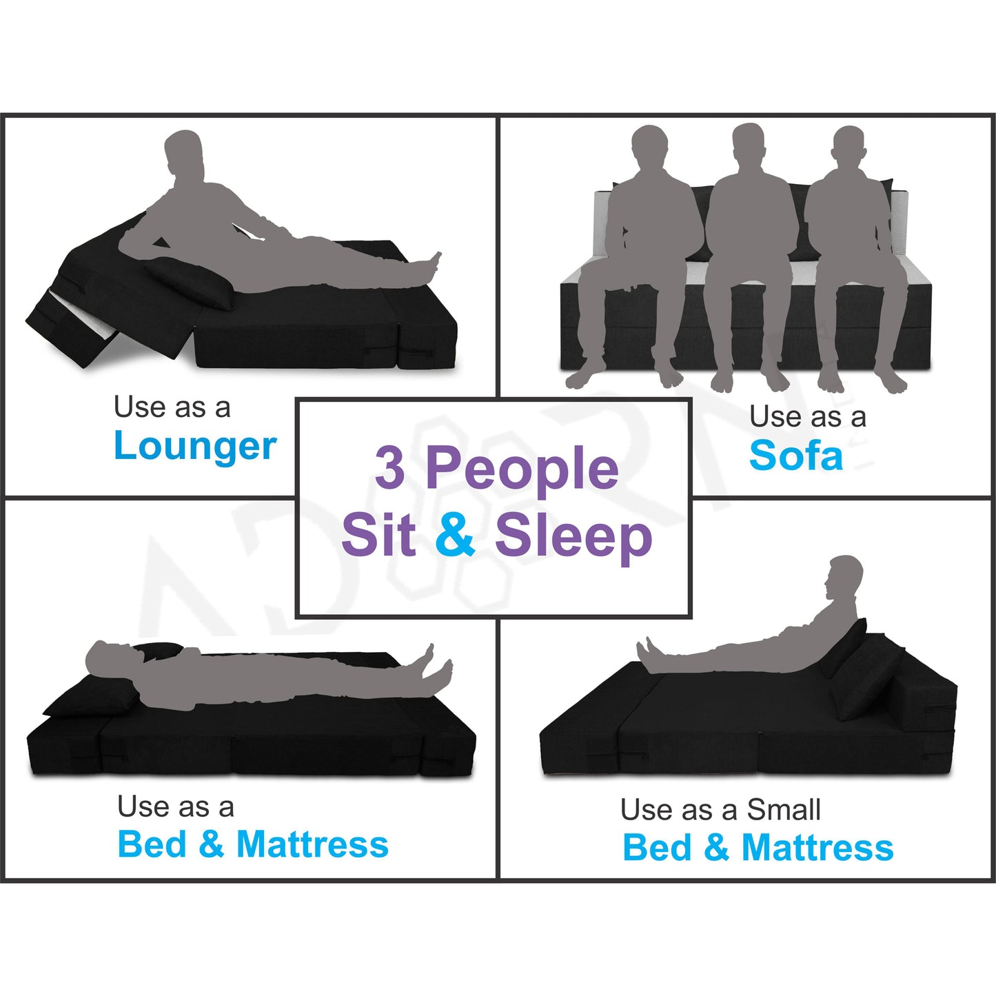 Adorn India Easy 4 Seater Sofa Cum Bed (2 Years Warrenty Quality Foam)-Perfect for Seat & Sleep Washeble Polyster Fabric Cover (Black & Grey) 6'x6'.Pillows Free (1 Year Warranty)