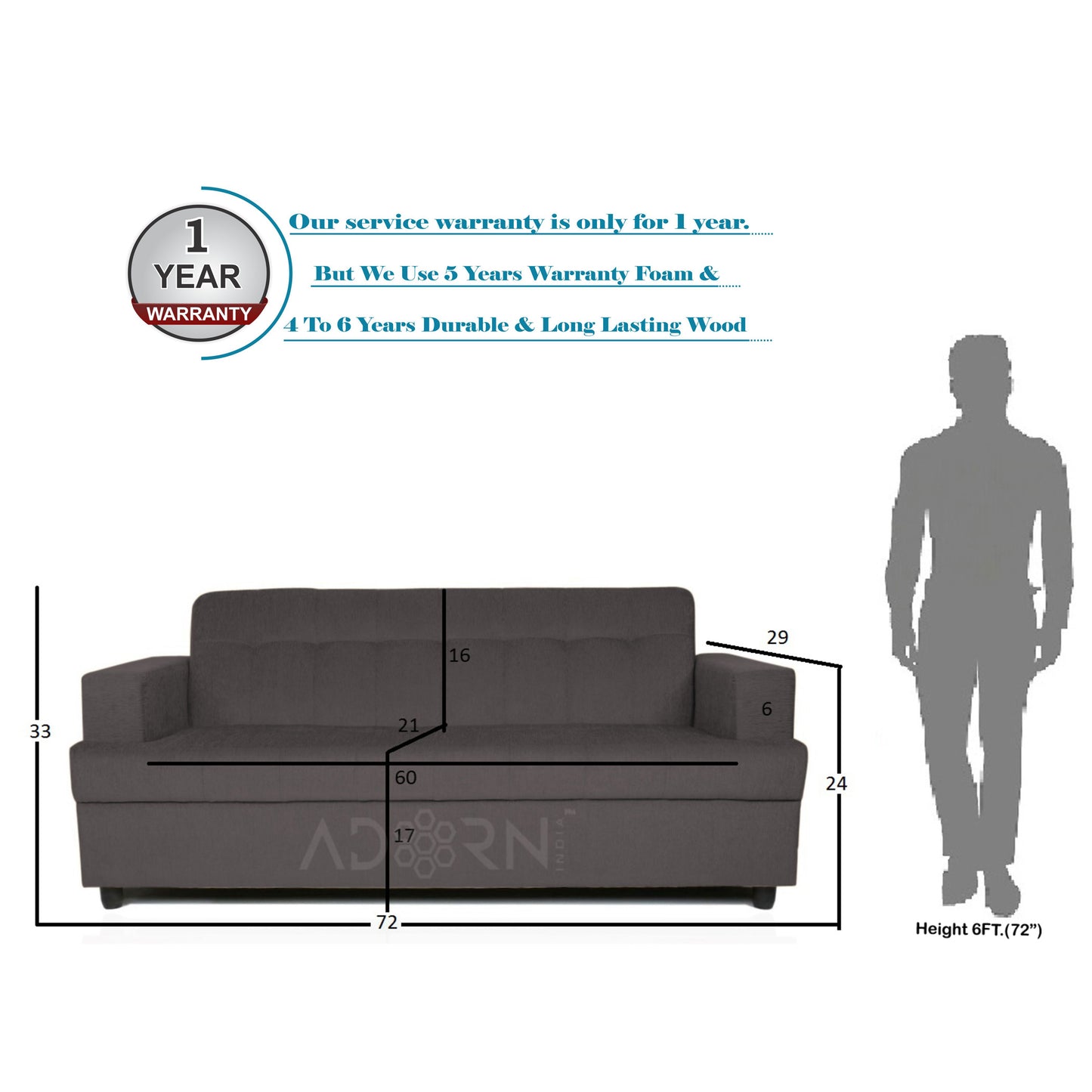 Adorn India Aleena 3 Seater Sofa(Grey)