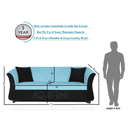 Adorn India Acura 3 Seater Sofa(Light Blue & Black), Wood, Foam