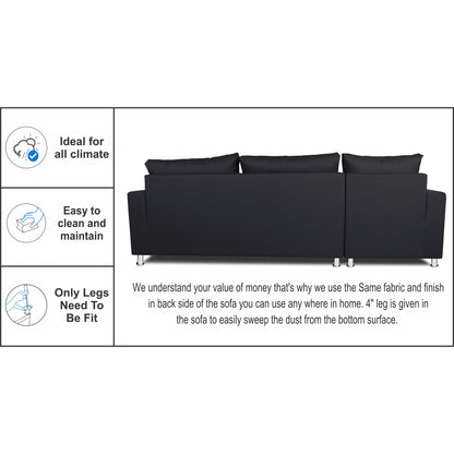 Adorn India Straight Line L Shape 5 Seater Sofa Set (Left Side Handle) (Black)