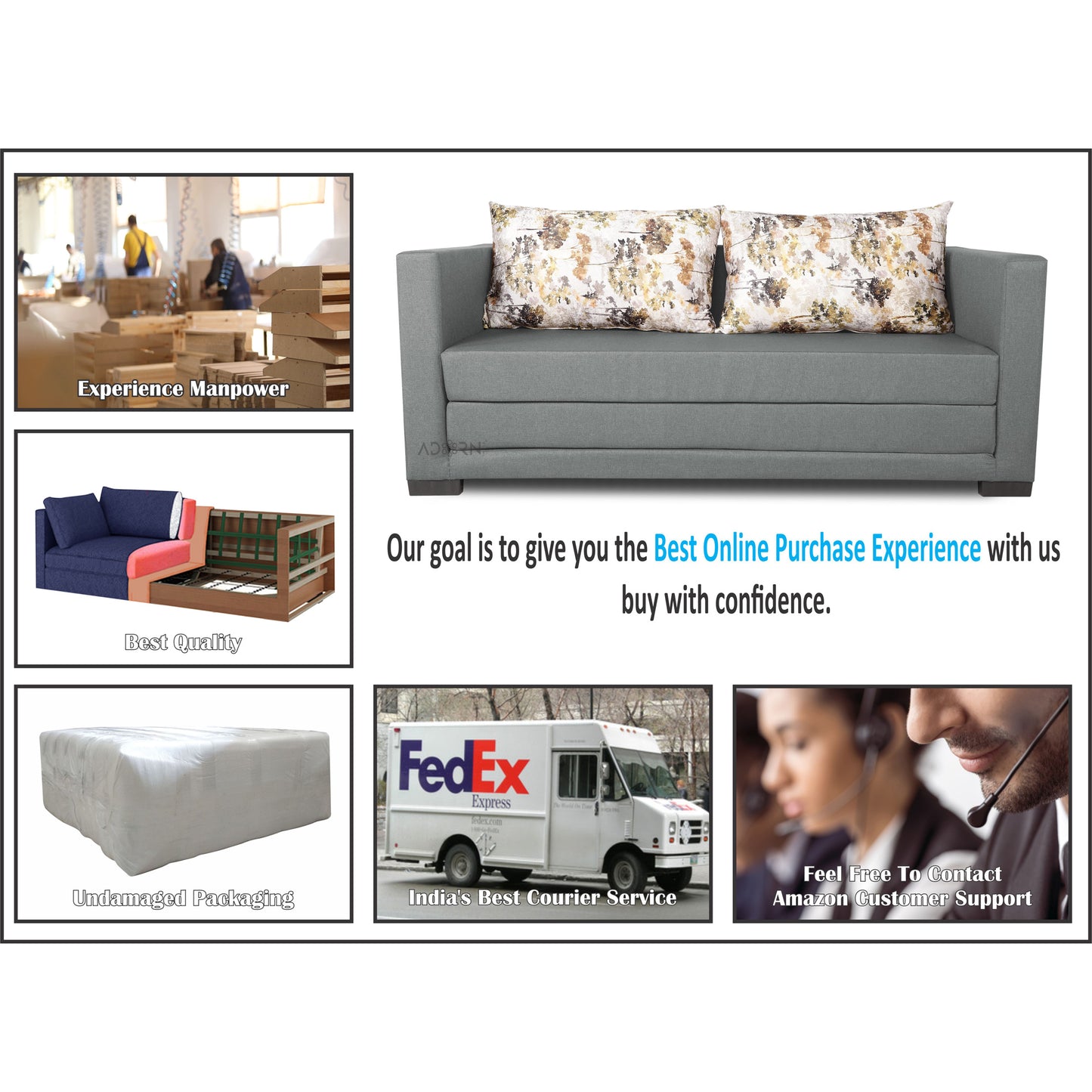 Adorn India Straight line 3 Seater Sofa Cum Bed (Light Grey), Wood, Foam