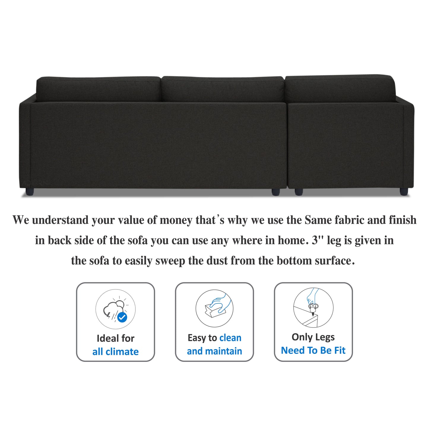Adorn India Alexander L Shape 7 Seater Sofa Set with Ottoman Puffy LHS (Black) (3 Year Warranty)