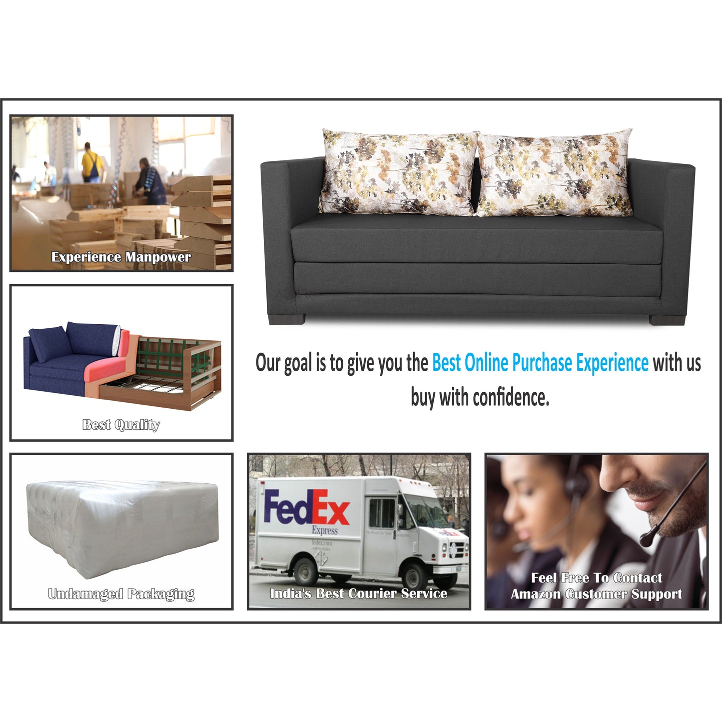 Adorn India Straight line 3 Seater Sofa Cum Bed (Dark Grey), Wood, Foam