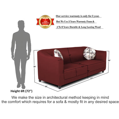 Adorn India Brisco 3 Seater Sofa (Maroon), Wood, Foam