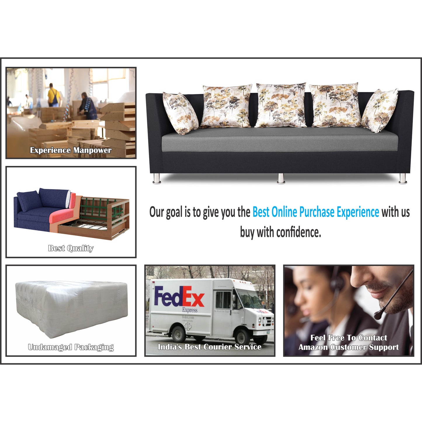 Adorn India Exclusive Two Tone Alica Three Seater Sofa (Light Grey & Black), Wood, Foam