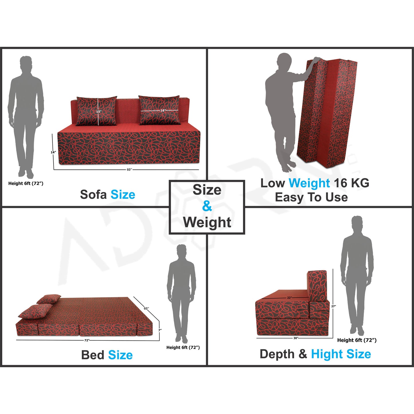 Adorn India Easy Three Seater Sofa Cum Bed Poly Cotton (Maroon & Black) 5'X6' (5 x 6)