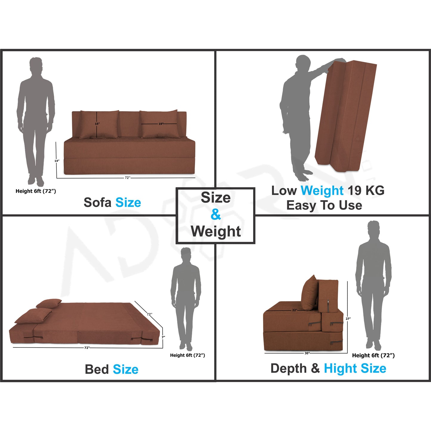 Adorn India Easy 4 Seater Sofa Cum Bed Alyn 6'x 6' (Brown) (1 Year Warranty)