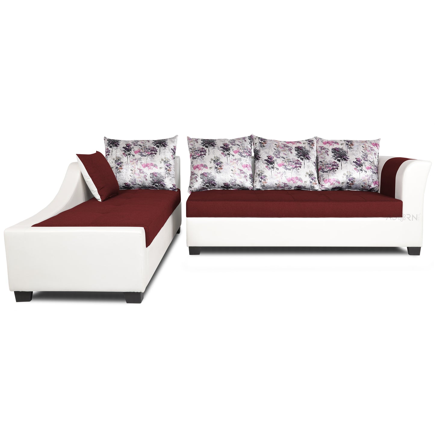 Adorn India Aliana L Shape Leatherette Fabric 6 Seater Sofa Set LHS (Maroon & White) (3 Year Warranty)
