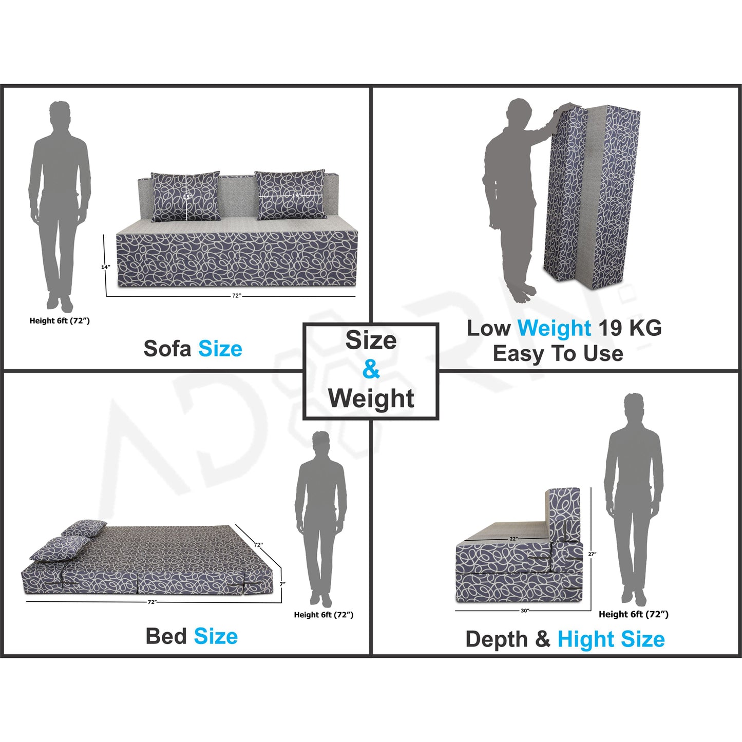 Adorn India Easy Three Seater Sofa Cum Bed Poly Cotton (Blue & Grey) (6' x 6')