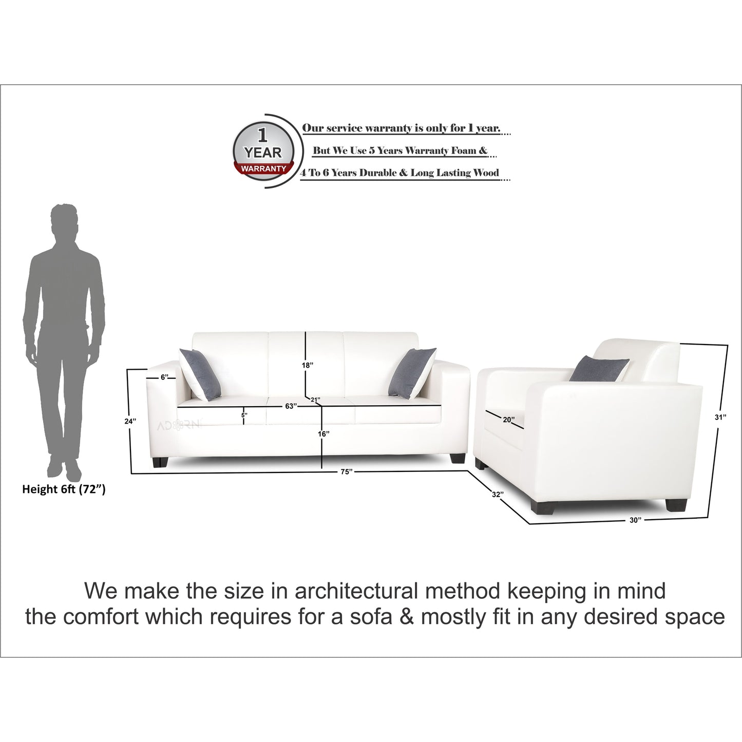Adorn India Plush Leatherette 3-1-1 Sofa Set (White)