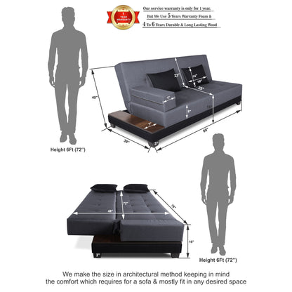 Adorn India Exclusive Two Tone Blake Three Seater Sofa Cum Bed (Dark Grey & Black), Wood, Foam