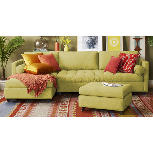 Adorn India Alexander L Shape 7 Seater Sofa Set with Ottoman Puffy LHS (Green) (3 Year Warranty)