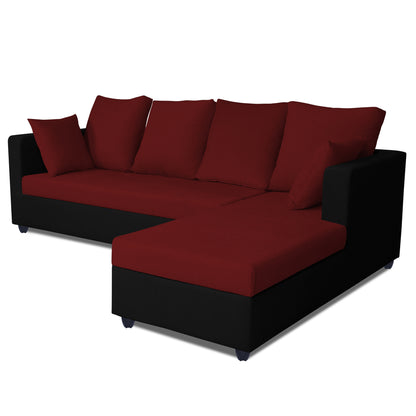 Adorn India Zink Straight line L Shape 6 Seater Sofa Plain Cushion (Maroon & Black)