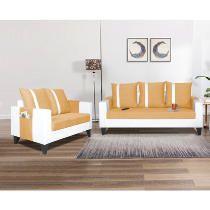 Adorn India Ashley Stripes Leatherette Fabric 3-2 Five Seater Sofa Set (Beige & White) (3 Year Warranty)