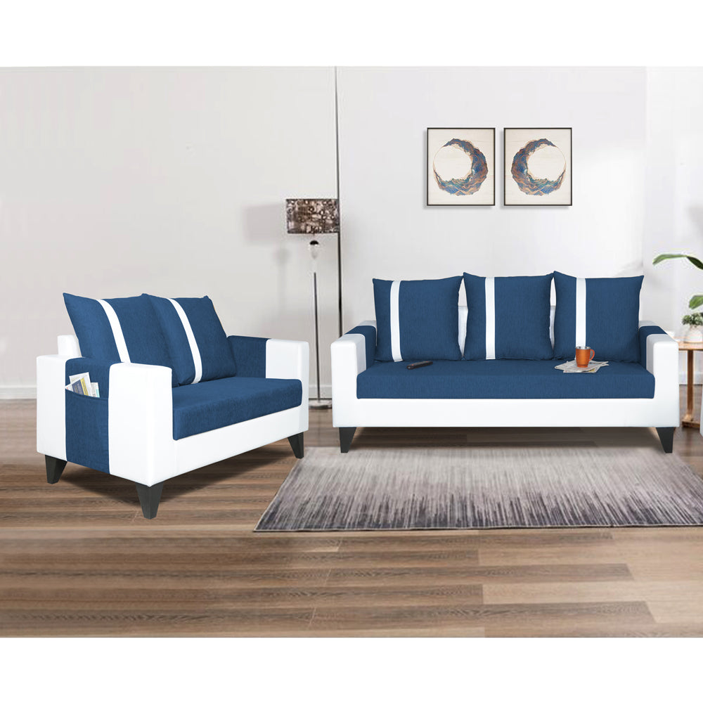 Adorn India Ashley Stripes Leatherette Fabric 3-2 Five Seater Sofa Set (Blue & White) (3 Year Warranty)