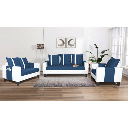 Adorn India Ashley Stripes Leatherette Fabric 3-2-1 Six Seater Sofa Set (Blue & White) (3 Year Warranty)