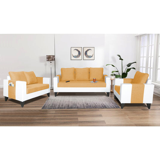 Adorn India Ashley Plain Leatherette Fabric 3-2-1 Six Seater Sofa Set (Beige & White) (3 Year Warranty)