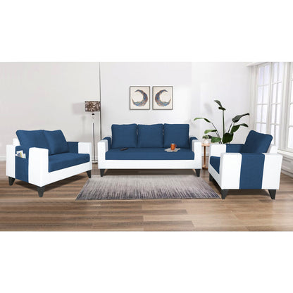 Adorn India Ashley Plain Leatherette Fabric 3-2-1 Six Seater Sofa Set (Blue & White) (3 Year Warranty)