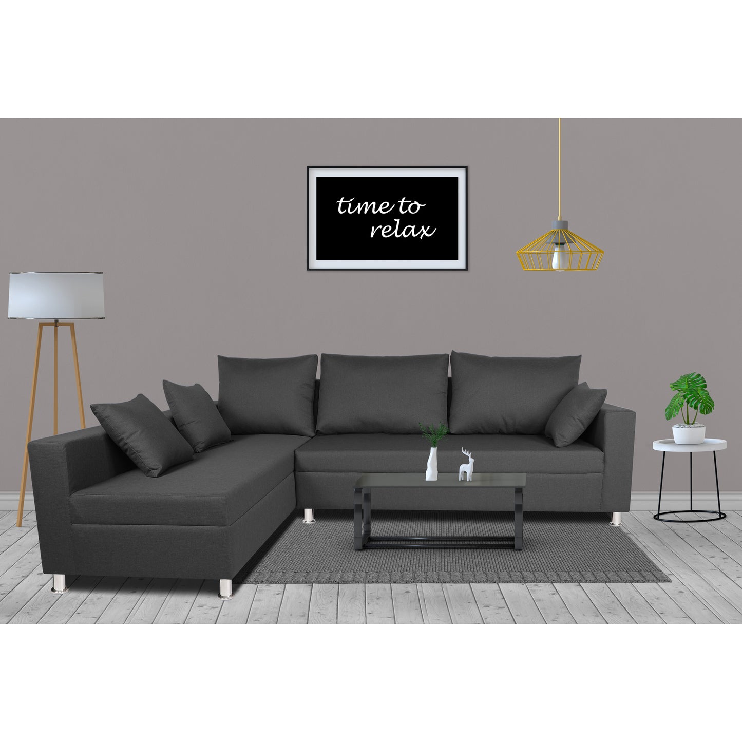 Adorn India Straight Line L Shape 5 Seater Sofa Set Left Side Handle (Dark Grey)