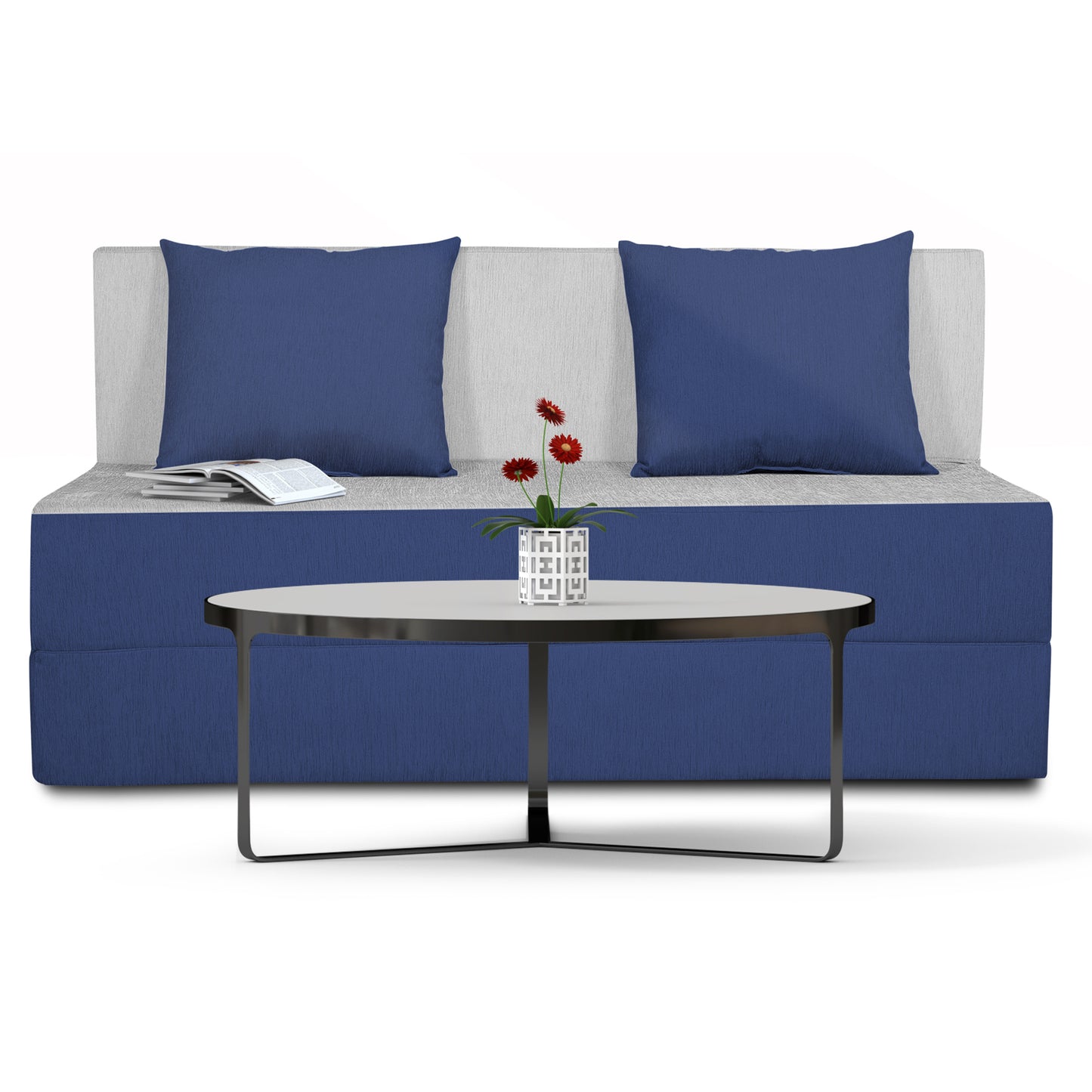 Adorn India Easy 2 Seater Sofa Cum Bed -Perfect for Seat & Sleep Washeble Polyster Fabric Cover (Blue & Grey) 4'x6'.Pillows Free (3 Year Warranty)