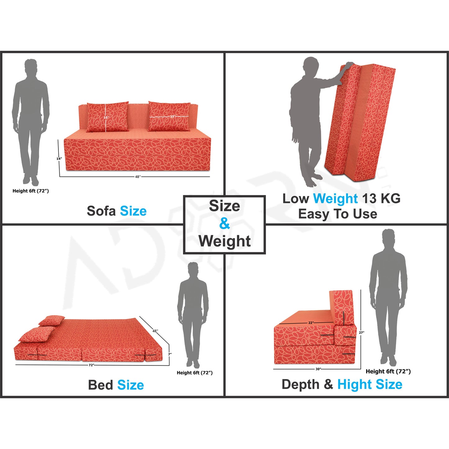Adorn India Easy Two Seater Sofa Cum Bed Poly Cotton 4'X6' (Red)