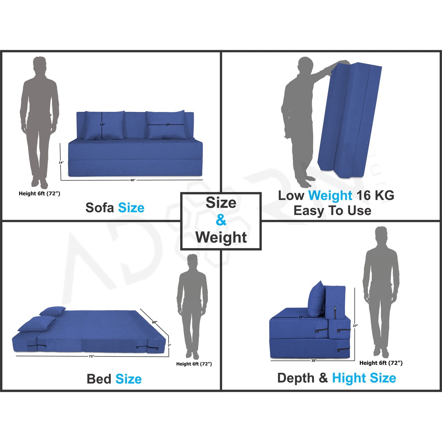 Adorn India Foam Easy 2 Seater Sofa Cum Bed Alyn 4'X 6' (Dark Blue) (1 Year Warranty)