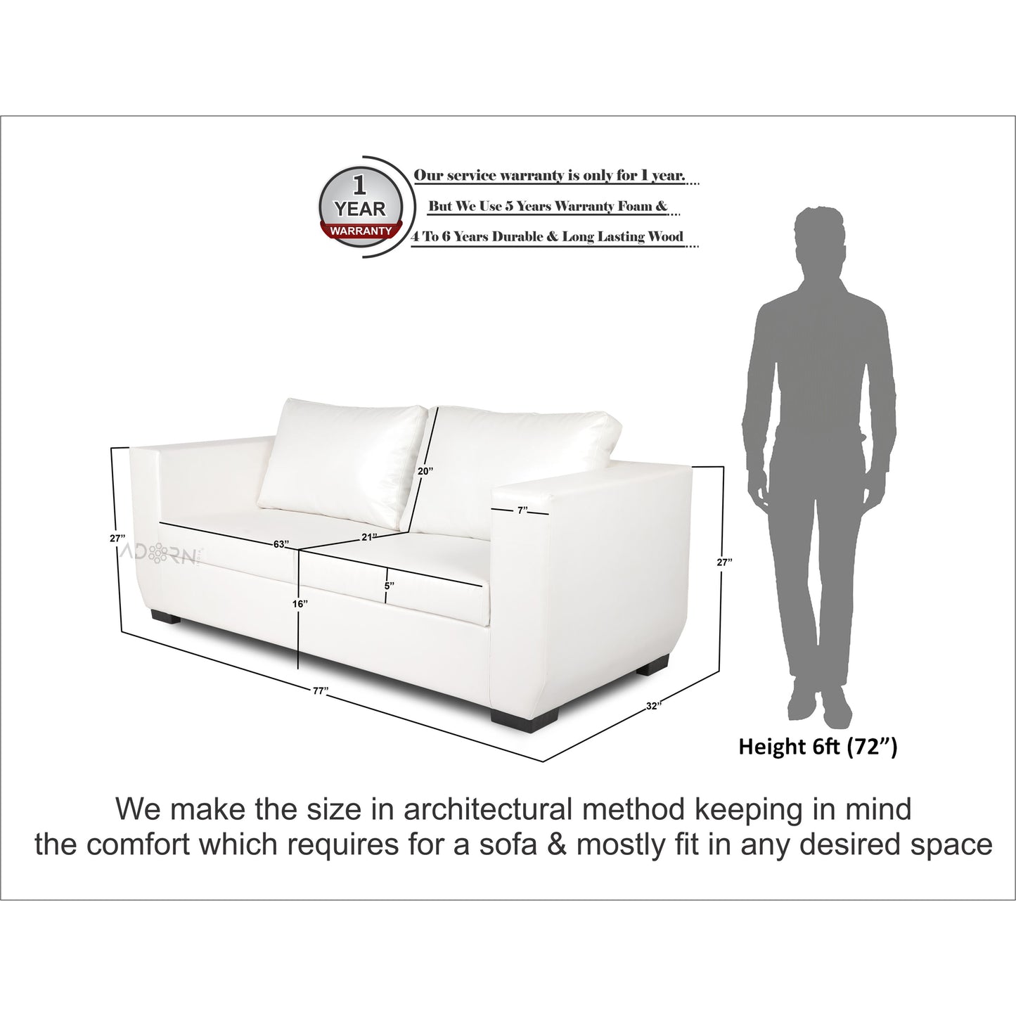 Adorn India Walton Leatherette 3 Seater Sofa (White)