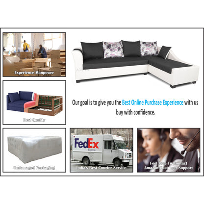 Adorn India Aliana L Shape Leatherette Fabric 6 Seater Sofa Set RHS (Dark Grey & White) (3 Year Warranty)