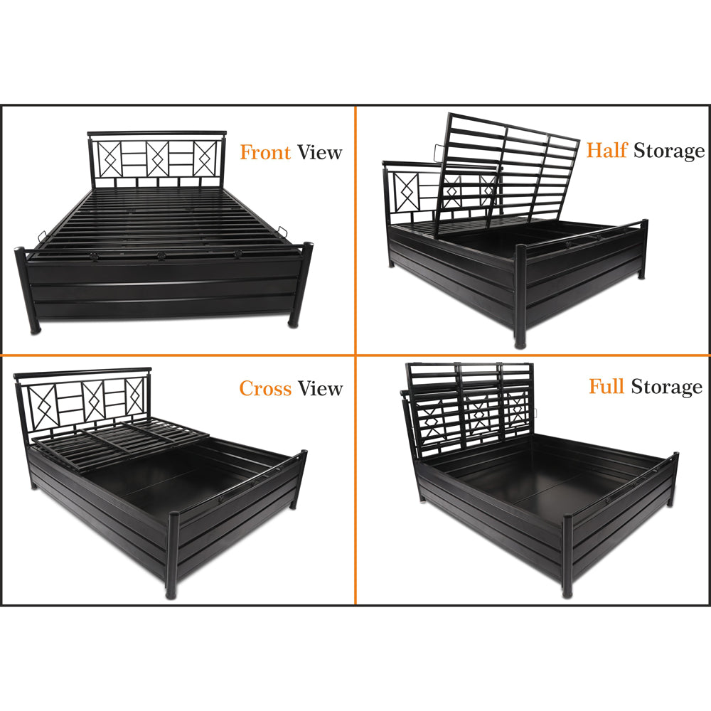 Adorn India Metal Box Spring Queen Bed with Storage-(Matte_Black)