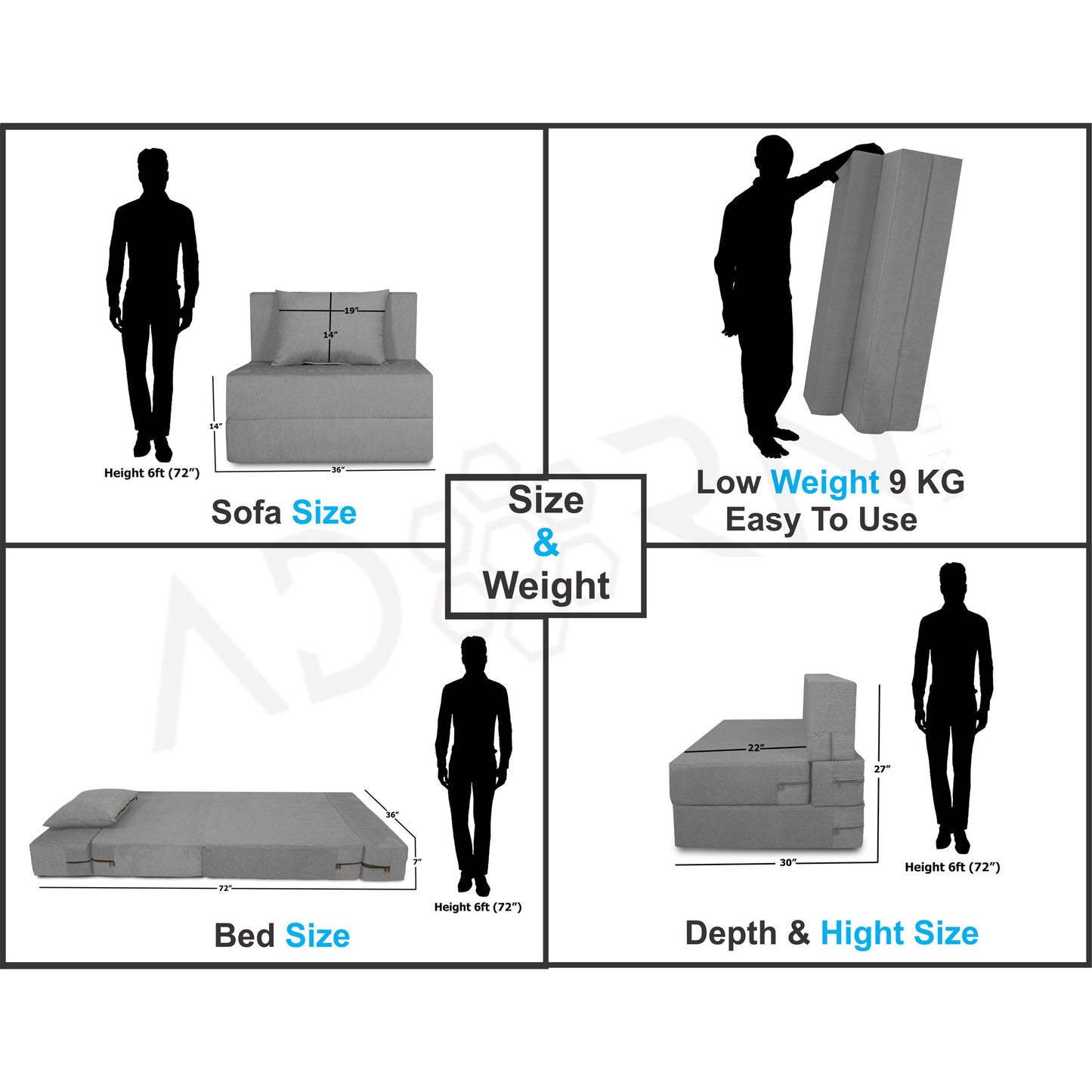 Adorn India Easy 2 Seater Sofa Cum Bed Alyn 3'x 6' (Grey) (1 Year Warranty)