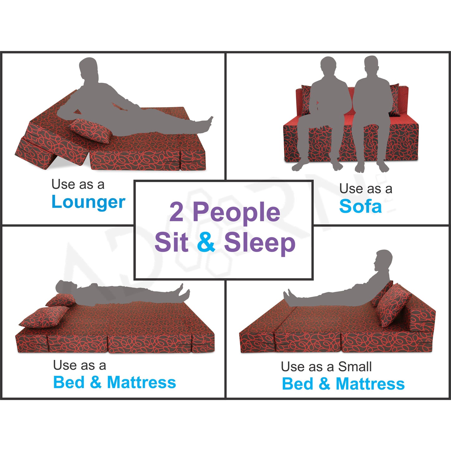 Adorn India Easy 2 Seater Sofa Cum Bed Poly Cotton (Maroon and Black) (4 x 6) (1 Year Warranty)