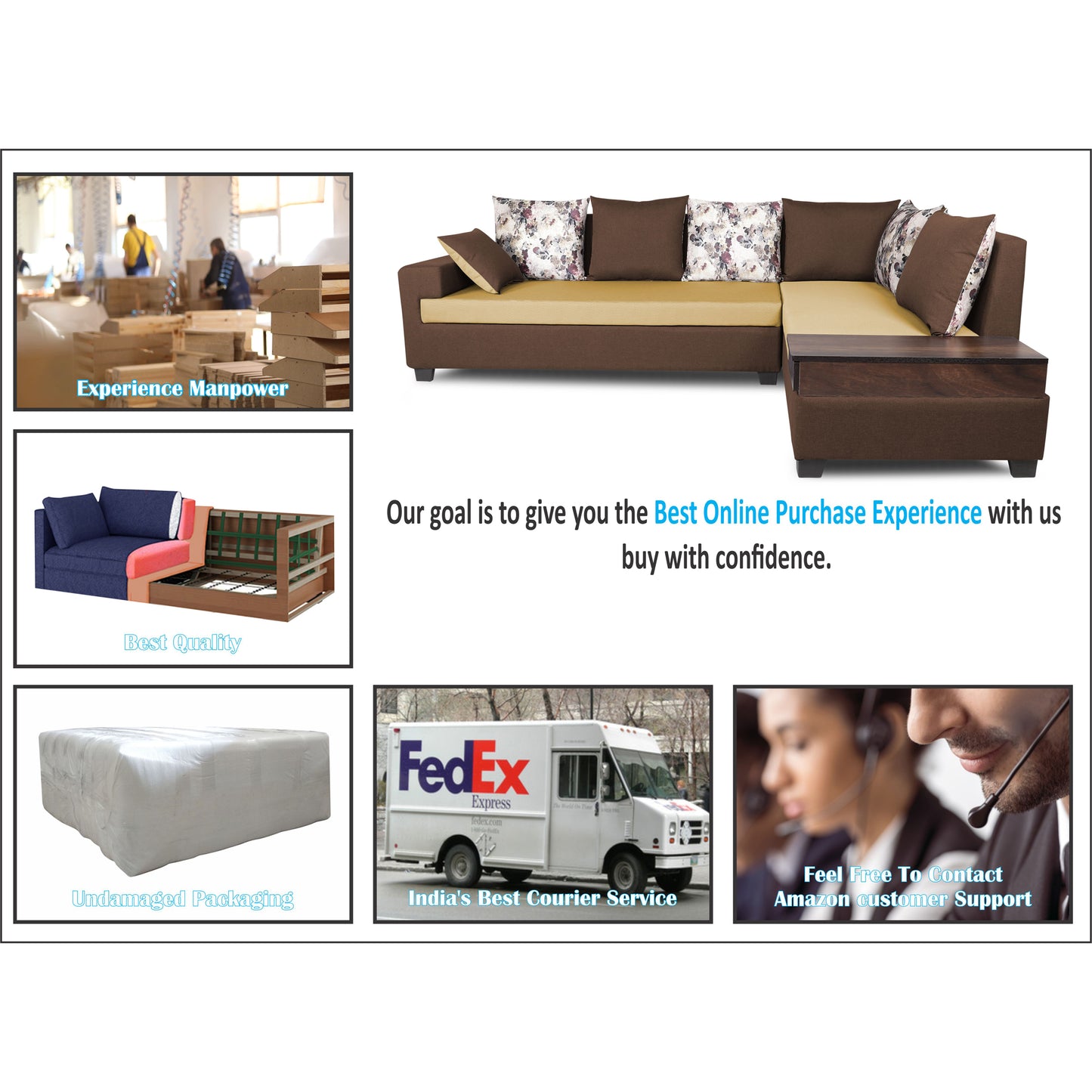Adorn India Orlando Fabric L Shape Sofa (Brown and Beige)