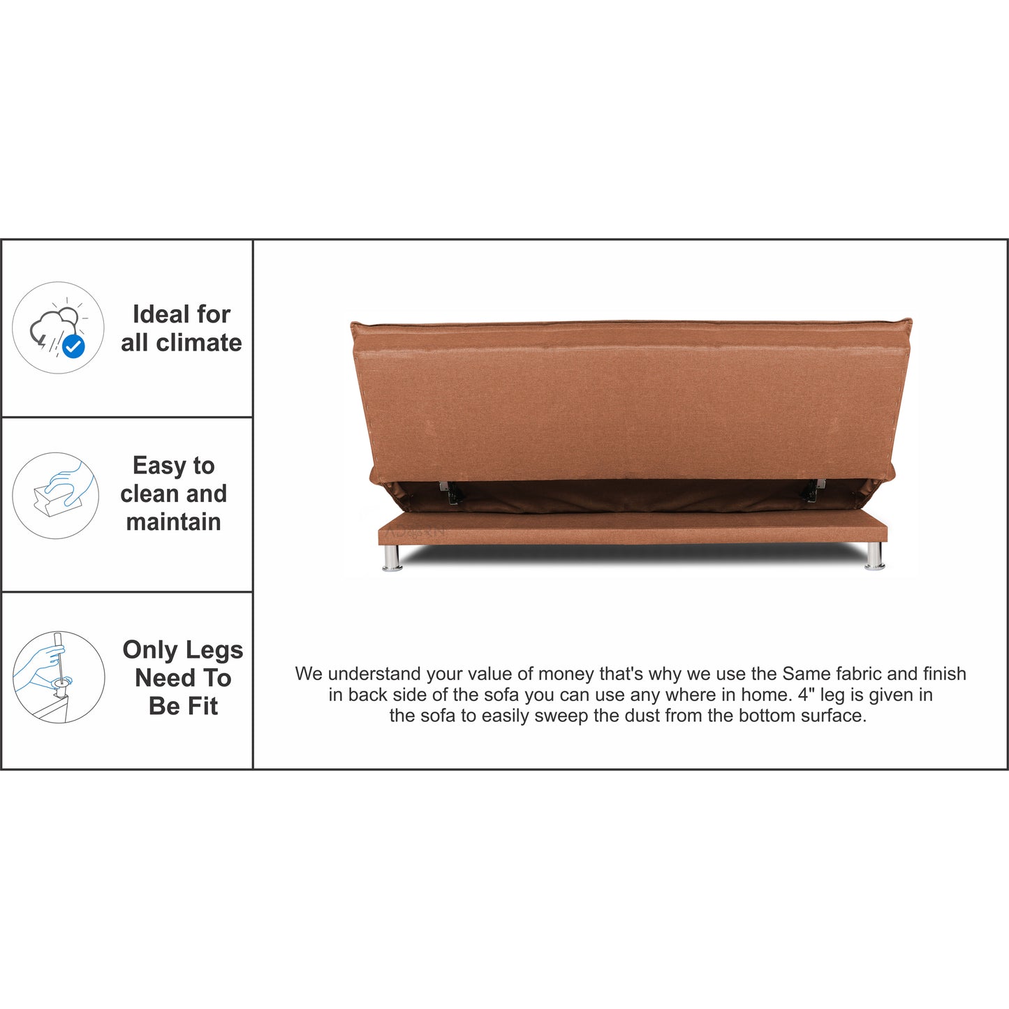 Adorn India Arden 3 Seater Sofa Cum Bed Fabric (Rust)