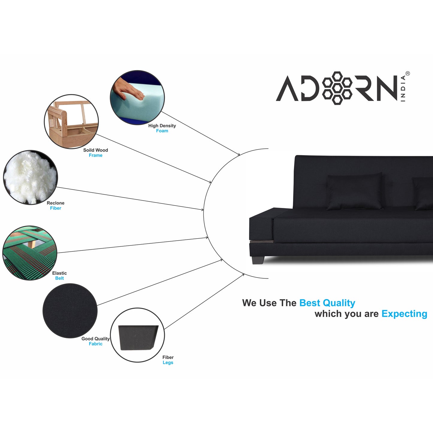 Adorn India Blake 3 Seater Sofa Cum Bed (Black), Wood, Foam