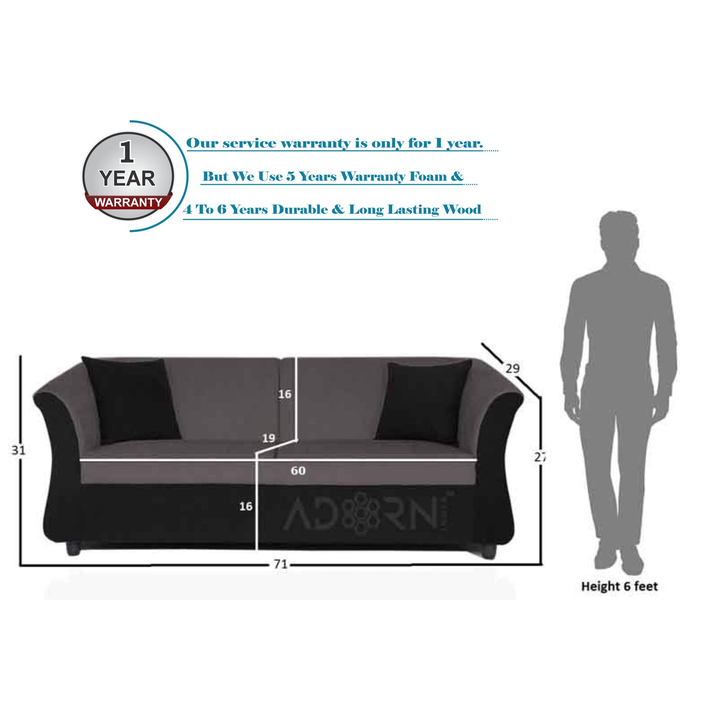Adorn India Acura 3 Seater Sofa (Grey & Black)